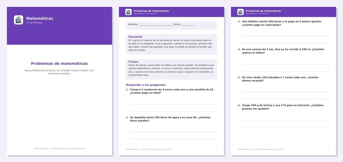 Vista previa de «Problemas de matemáticas para 4.º de Primaria (con soluciones)»: portada y dos páginas interiores del PDF