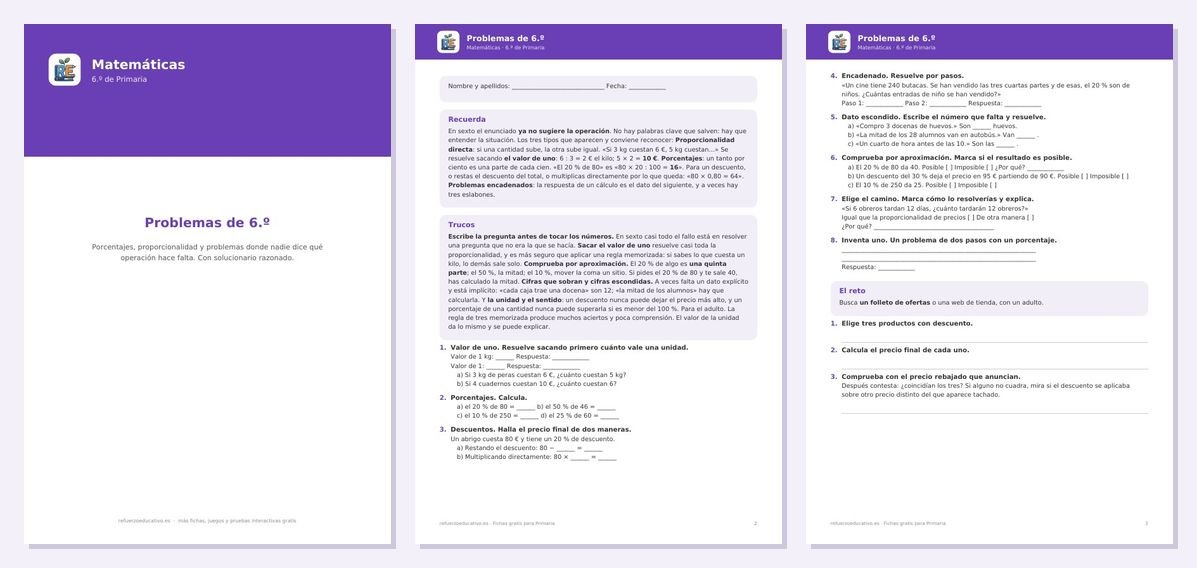 Vista previa de «Problemas de matemáticas para 6.º de Primaria (con soluciones)»: portada y dos páginas interiores del PDF