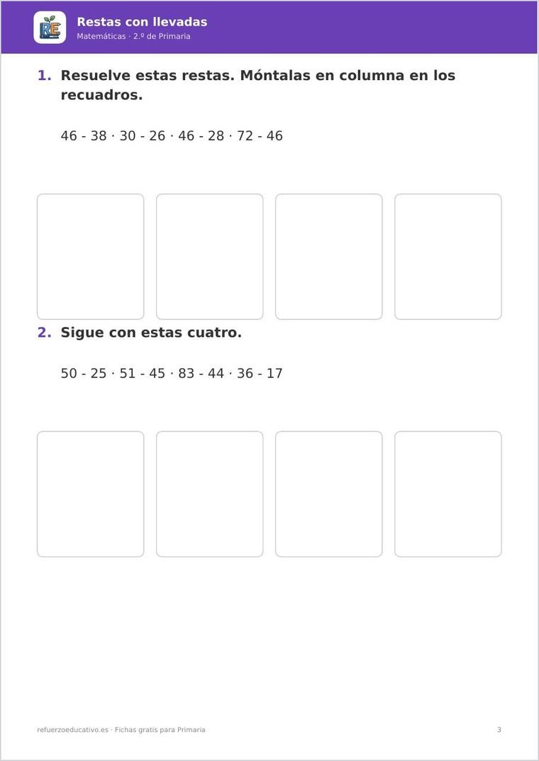 Ficha de restas con llevadas para 2.º de Primaria: restas de dos cifras para hacer en columna