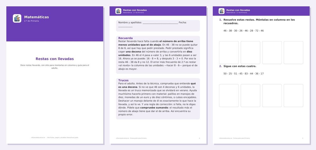 Vista previa de «Restas con llevadas para 2º de Primaria»: portada y dos páginas interiores del PDF