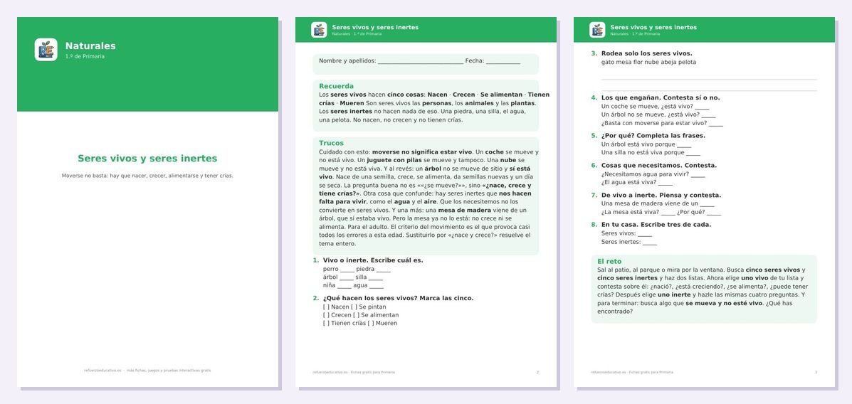 Vista previa de «Los seres vivos y los seres inertes para 1º de Primaria»: portada y dos páginas interiores del PDF
