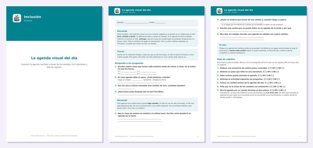 Vista previa de «Agenda visual para TEA: descargar e imprimir en PDF»: portada y dos páginas interiores del PDF