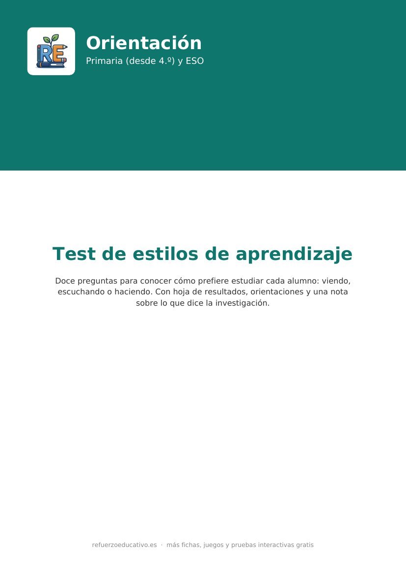 Portada del test de estilos de aprendizaje imprimible para alumnos de Primaria y ESO
